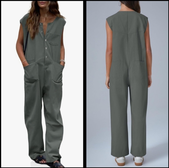 Cicy Bell Casual Cargo Jumpsuit Loose Utility Sleeveless Romper Sz L - Picture 2 of 11